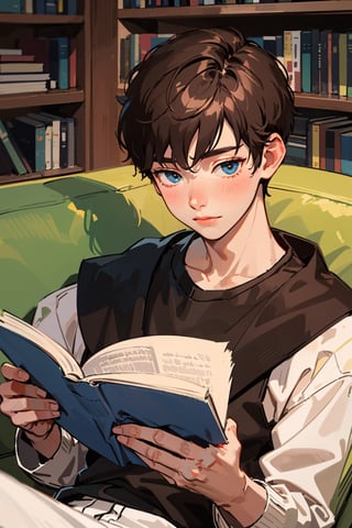 1boy, short hair, upper body,  reading, sofa, cozy 
 (masterpiece),  (best quality:1.2), 