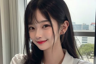 20 year old korean girl, korean pop idol style, beautiful face, smile