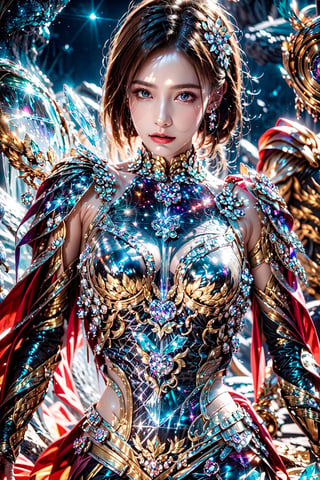 iron woman, ( brightness crystal armor:1.5),Multiple magic_circle,fantasy,Starry night sky ,Outer space view,Edge light