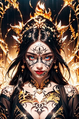 (Onmyoji,miko,geisha),long hair, smile,bare,bangs,hair beads,snowflake hair ornament, lolita hairband,blue eye,golden_eye, black hair, holy pattern on the right face, devil pattern on the left face,(face pattern tattoos, glowing_bits), (Intricate glowing fire Patterned tattoos:1.3),(golden pattern:1.3)