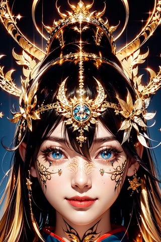 (Onmyoji,miko,geisha),long hair, smile,bare,bangs,hair beads,snowflake hair ornament, lolita hairband,blue eye,golden_eye, black hair, holy pattern on the right face, devil pattern on the left face,(face pattern, glowing_bits), (Intricate glowing fire Patterned :1.3)