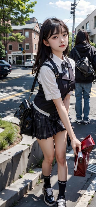 (((masterpiece))), (((best quality))), Best picture quality, high resolution, 8k, realistic, sharp focus, realistic image of elegant lady, Korean beauty, supermodel, girl, standing, wearing short-sleeved school uniform, dark-colored skirt, pleated skirt with tartan pattern, bubble socks, student shoes, light brown hair, long hair, green eyes, side-swept bangs, sideburns, phone, (wet body:1.0), sunlight, sweat, a dog, helf body, shoes removed, Head tilt, untucked, Profile, (high quality:1.0), (white background:0.8), detailed face, (blush:1.0), 1 girl, Young beauty spirit, ZGirl, perfect light, Detailedface, 1 girl, big eyes, eye shadow, SharpEyess, perfecteyes eyes , Smirk,Detailedface, perfect light, ZGirl,dreaming_background, photo of perfecteyes eyes,