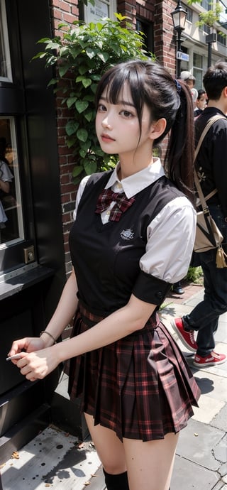 (((masterpiece))), (((best quality))), Best picture quality, high resolution, 8k, realistic, sharp focus, realistic image of elegant lady, Korean beauty, supermodel, girl, standing, wearing short-sleeved school uniform, dark-colored skirt, pleated skirt with tartan pattern, bubble socks, student shoes, light brown hair, long hair, green eyes, side-swept bangs, sideburns, phone, (wet body:1.0), sunlight, sweat, a dog, helf body, shoes removed, Head tilt, untucked, Profile, (high quality:1.0), (white background:0.8), detailed face, (blush:1.0), 1 girl, Young beauty spirit, ZGirl, perfect light, Detailedface, 1 girl, big eyes, eye shadow, SharpEyess, perfecteyes eyes , Smirk,Detailedface, perfect light, ZGirl,dreaming_background, photo of perfecteyes eyes,