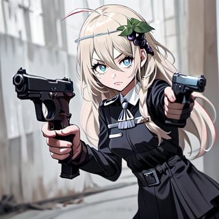 1girl, solo, blonde hair, long hair, hair between eyes, blue eyes, ahoge, bair, hair ornament, grapes ornament, nazi uniform, long sleeves, fbi uniform, crime scene background, pointing a gun at the camera, xuer pistol, black uniform, small breasts, 1 pistol, collar, nazi uniform, tgag, nazi, Nazi red ribbon, red ribbon