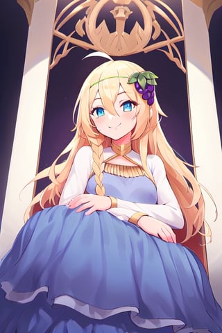 1girl, solo, blonde hair, long hair,hair between eyes, blue eyes,ahoge, braid, hair ornament,grapes, blue dress, long sleeves, gradient dress, layered dress, dress, white dress, (sitting:1.1), (trone, gold trone:1.2), pose, palace, evil smile, evil eyes, upper body