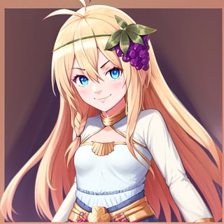 1girl, solo, blonde hair, long hair, hair between eyes, blue eyes, ahoge, bair, hair ornament, grapes ornament, long sleeves, small breasts, collar, evil smile, evil eyes, 10yo, armor, gold armor, girl