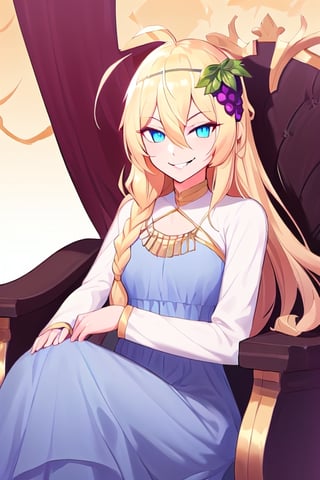 1girl, solo, blonde hair, long hair,hair between eyes, blue eyes,ahoge, braid, hair ornament,grapes, blue dress, long sleeves, gradient dress, layered dress, dress, white dress, (sitting:1.1), (trone, gold trone:1.2), pose, palace, (evil smile, evil eyes:1.4), upper body