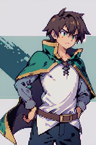 anime, short hair, brown hair, green eyes, cape, green cape, white shirt, black pants, brown belt, 1boy, serious, pixelart,Pixel art,Pixel_Art