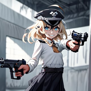 1girl, solo, blonde hair, long hair, hair between eyes, blue eyes, ahoge, bair, hair ornament, grapes ornament, nazi uniform, long sleeves, fbi uniform, crime scene background, pointing a gun at the camera, xuer pistol, black uniform, small breasts, 1 pistol, collar, nazi uniform, tgag, nazi, Nazi red ribbon, red ribbon, evil smile, evil eyes