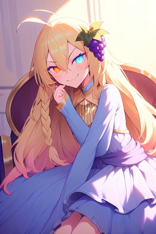 1girl, solo, blonde hair, long hair,hair between eyes, blue eyes,ahoge, braid, hair ornament,grapes, blue dress, long sleeves, gradient dress, layered dress, dress, white dress, (sitting:1.1), (trone, gold trone:1.2), pose, palace, (evil smile, evil eyes:1.4), upper body,edgGesugao, closed mouth