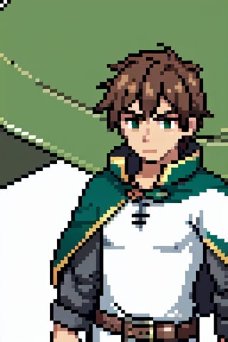 anime, short hair, brown hair, green eyes, cape, green cape, white shirt, black pants, brown belt, 1boy, serious, pixelart,Pixel art