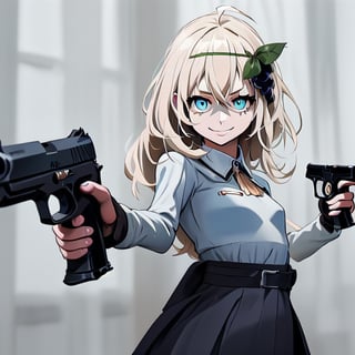 1girl, solo, blonde hair, long hair, hair between eyes, blue eyes, ahoge, bair, hair ornament, grapes ornament, nazi uniform, long sleeves, fbi uniform, crime scene background, pointing a gun at the camera, xuer pistol, black uniform, small breasts, 1 pistol, collar, nazi uniform, tgag, nazi, Nazi red ribbon, red ribbon, evil smile, evil eyes, 10yo, 