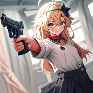 1girl, solo, blonde hair, long hair, hair between eyes, blue eyes, ahoge, bair, hair ornament, grapes ornament, nazi uniform, long sleeves, fbi uniform, crime scene background, pointing a gun at the camera, xuer pistol, black uniform, small breasts, 1 pistol, collar, evil smile, evil eyes, 10yo, ranoa magic academy school uniform 