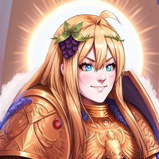 1girl, solo, blonde hair, long hair, hair between eyes, blue eyes, ahoge, bair, hair ornament, grapes ornament, long sleeves, small breasts, collar, evil smile, evil eyes, 10yo, armor, gold armor, girl