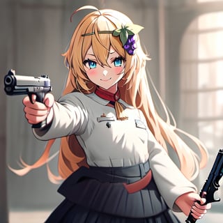 1girl, solo, blonde hair, long hair, hair between eyes, blue eyes, ahoge, bair, hair ornament, grapes ornament, nazi uniform, long sleeves, fbi uniform, crime scene background, pointing a gun at the camera, xuer pistol, black uniform, small breasts, 1 pistol, collar, evil smile, evil eyes, 10yo, ranoa magic academy school uniform 