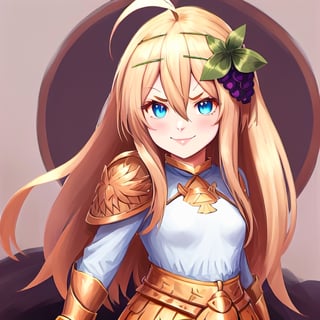 1girl, solo, blonde hair, long hair, hair between eyes, blue eyes, ahoge, bair, hair ornament, grapes ornament, long sleeves, small breasts, collar, evil smile, evil eyes, 10yo, armor, gold armor, girl