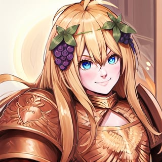 1girl, solo, blonde hair, long hair, hair between eyes, blue eyes, ahoge, bair, hair ornament, grapes ornament, long sleeves, small breasts, collar, evil smile, evil eyes, 10yo, armor, gold armor, girl