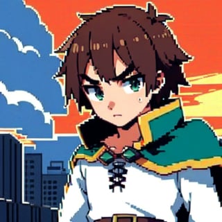 anime, short hair, brown hair, green eyes, cape, green cape, white shirt, black pants, brown belt, 1boy, serious,pixelart