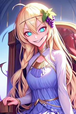 1girl, solo, blonde hair, long hair,hair between eyes, blue eyes,ahoge, braid, hair ornament,grapes, blue dress, long sleeves, gradient dress, layered dress, dress, white dress, (sitting:1.1), (trone, gold trone:1.2), palace, (evil smile, evil eyes:1.4), upper body,edgGesugao, closed mouth