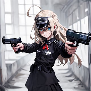 1girl, solo, blonde hair, long hair, hair between eyes, blue eyes, ahoge, bair, hair ornament, grapes ornament, nazi uniform, long sleeves, fbi uniform, crime scene background, pointing a gun at the camera, xuer pistol, black uniform, small breasts, 1 pistol, collar, nazi uniform, tgag, nazi, Nazi red ribbon, red ribbon