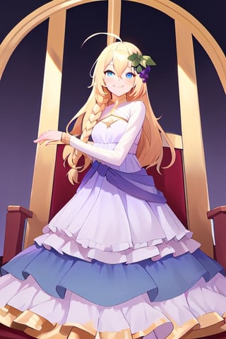 1girl, solo, blonde hair, long hair,hair between eyes, blue eyes,ahoge, braid, hair ornament,grapes, blue dress, long sleeves, gradient dress, layered dress, dress, white dress, (sitting:1.1), (trone, gold trone:1.2), pose, palace, evil smile, evil eyes, evil posing