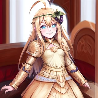 1girl, solo, blonde hair, long hair, hair between eyes, blue eyes, ahoge, bair, hair ornament, grapes ornament, long sleeves, small breasts, collar, evil smile, evil eyes, 10yo, armor, gold armor, girl