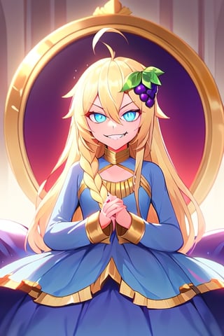 1girl, solo, blonde hair, long hair,hair between eyes, blue eyes,ahoge, braid, hair ornament,grapes, blue dress, long sleeves, gradient dress, layered dress, dress, white dress, (sitting:1.1), (trone, gold trone:1.2), palace, (evil smile, evil eyes:1.4), upper body,edgGesugao, closed mouth