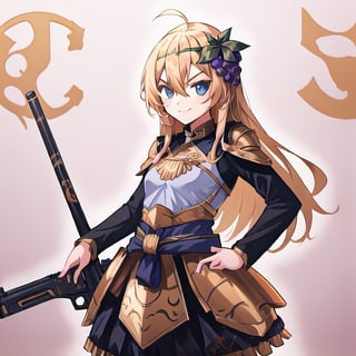 1girl, solo, blonde hair, long hair, hair between eyes, blue eyes, ahoge, bair, hair ornament, grapes ornament, long sleeves, pointing a gun at the camera, xuer pistol, black uniform, small breasts, collar, evil smile, evil eyes, 10yo, ,marb1e4rmor, armor, gold armor