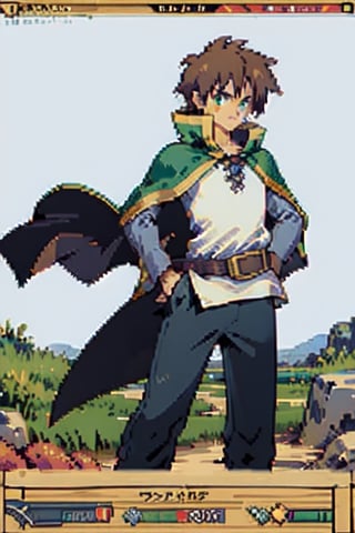 anime, short hair, brown hair, green eyes, cape, green cape, white shirt, black pants, brown belt, 1boy, serious, pixelart,Pixel art,Pixel_Art