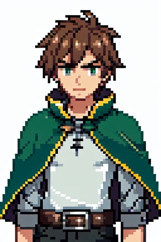 anime, short hair, brown hair, green eyes, cape, green cape, white shirt, black pants, brown belt, 1boy, serious, pixelart,Pixel art