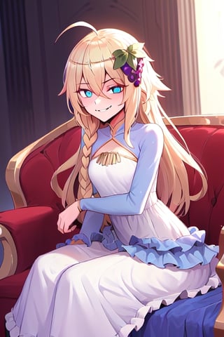 1girl, solo, blonde hair, long hair,hair between eyes, blue eyes,ahoge, braid, hair ornament,grapes, blue dress, long sleeves, gradient dress, layered dress, dress, white dress, (sitting:1.1), (trone, gold trone:1.2), pose, palace, (evil smile, evil eyes:1.4), upper body,edgGesugao, closed mouth