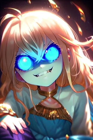 1girl, solo, blonde hair, long hair,hair between eyes, blue eyes,ahoge, braid, hair ornament,grapes, blue dress, long sleeves, gradient dress, layered dress, dress, white dress, (sitting:1.1), (trone, gold trone:1.2), palace, (evil smile, evil eyes:1.4), upper body, closed mouth, hand on head, head leaning on hand, blue eyes