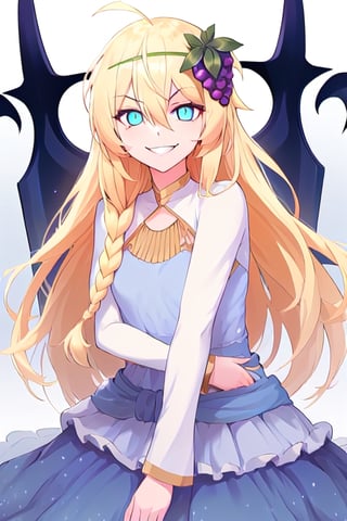 1girl, solo, blonde hair, long hair,hair between eyes, blue eyes,ahoge, braid, hair ornament,grapes, blue dress, long sleeves, gradient dress, layered dress, dress, white dress, (sitting:1.1), (trone, gold trone:1.2), pose, palace, (evil smile, evil eyes:1.4), upper body