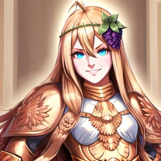 1girl, solo, blonde hair, long hair, hair between eyes, blue eyes, ahoge, bair, hair ornament, grapes ornament, long sleeves, small breasts, collar, evil smile, evil eyes, 10yo, armor, gold armor, girl