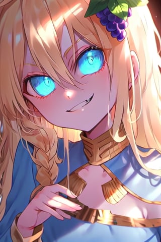 1girl, solo, blonde hair, long hair,hair between eyes, blue eyes,ahoge, braid, hair ornament,grapes, blue dress, long sleeves, gradient dress, layered dress, dress, white dress, (sitting:1.1), (trone, gold trone:1.2), palace, (evil smile, evil eyes:1.4), upper body, closed mouth, hand on head, head leaning on hand, blue eyes