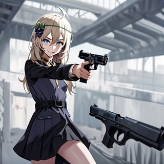 1girl, solo, blonde hair, long hair, hair between eyes, blue eyes, ahoge, bair, hair ornament, grapes ornament, nazi uniform, long sleeves, fbi uniform, crime scene background, pointing a gun at the camera, xuer pistol, black uniform, small breasts, 1 pistol, collar, nazi uniform, tgag, nazi, Nazi red ribbon, red ribbon, evil smile, evil eyes, 10yo, 