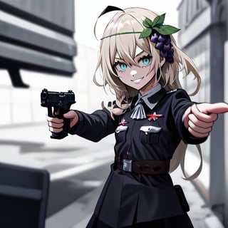 1girl, solo, blonde hair, long hair, hair between eyes, blue eyes, ahoge, bair, hair ornament, grapes ornament, nazi uniform, long sleeves, fbi uniform, crime scene background, pointing a gun at the camera, xuer pistol, black uniform, small breasts, 1 pistol, collar, nazi uniform, tgag, nazi, Nazi red ribbon, red ribbon, evil smile, evil eyes, 10yo, 