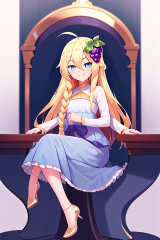 1girl, solo, blonde hair, long hair,hair between eyes, blue eyes,ahoge, braid, hair ornament,grapes, blue dress, long sleeves, gradient dress, layered dress, dress, white dress, (sitting:1.1), (trone, gold trone:1.2), pose, palace, evil smile, evil eyes, evil posing