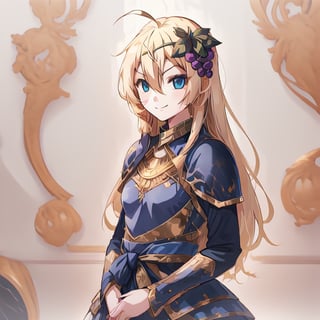 1girl, solo, blonde hair, long hair, hair between eyes, blue eyes, ahoge, bair, hair ornament, grapes ornament, long sleeves, small breasts, collar, evil smile, evil eyes, 10yo, ,marb1e4rmor, armor, gold armor