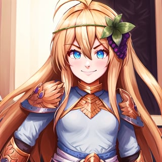 1girl, solo, blonde hair, long hair, hair between eyes, blue eyes, ahoge, bair, hair ornament, grapes ornament, long sleeves, small breasts, collar, evil smile, evil eyes, 10yo, armor, gold armor, girl