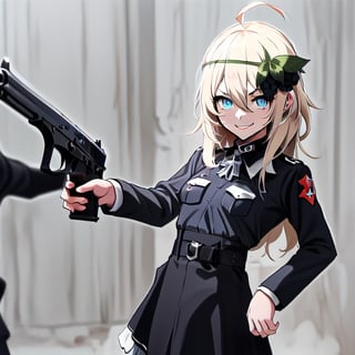 1girl, solo, blonde hair, long hair, hair between eyes, blue eyes, ahoge, bair, hair ornament, grapes ornament, nazi uniform, long sleeves, fbi uniform, crime scene background, pointing a gun at the camera, xuer pistol, black uniform, small breasts, 1 pistol, collar, nazi uniform, tgag, nazi, Nazi red ribbon, red ribbon, evil smile, evil eyes