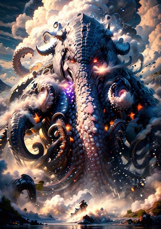 Hyperrealistic art, (a mixed giant creature of octopus shark  whale), (gray color:1.75), outdoors, horns, claws, glowing red eyes, sky, teeth, day, (no_humans:1.3), scenery, smoke, mountain, 
cinematic lighting, strong contrast, high level of detail, best quality, masterpiece, extremely high-resolution details, photographic, realism pushed to extreme, fine texture, incredibly lifelike, long, cloud, winds, sea, ((by Kekai Kotaki:1.5)), sketch, BJ_Sacred_beast