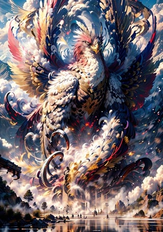 Hyperrealistic art, (a mixed huge creature of falcon eagle phoenix), (red-gold color:1.75), outdoors, flying-pose, (huge wings:1.5), claws, glowing red eyes, sky, teeth, day, (no_humans), scenery, smoke, mountain, 
cinematic lighting, strong contrast, high level of detail, best quality, masterpiece, extremely high-resolution details, photographic, realism pushed to extreme, fine texture, incredibly lifelike, cloud, winds, ((by Kekai Kotaki:1.5)), sketch, BJ_Sacred_beast