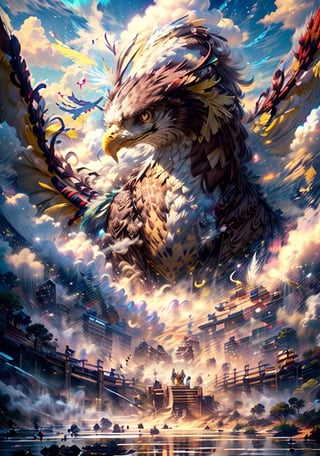 Hyperrealistic art, (a mixed huge Griffin), (eagle head:1.5), (earthy-yellow brown color:1.75), egypt_style, outdoors, flying-pose, (huge wings:1.75), claws, glowing red eyes, sky, (only one head face and mouth), day, (no_humans), scenery, smoke, (pyramid), 
cinematic lighting, strong contrast, high level of detail, best quality, masterpiece, extremely high-resolution details, photographic, realism pushed to extreme, fine texture, incredibly lifelike, cloud, winds, (sand, desert), ((by Kekai Kotaki:1.5)), sketch, BJ_Sacred_beast