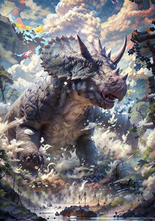 Hyperrealistic art, (single huge Triceratops), (open huge mouth), (perfect_paws), Jurassic_style, outdoors, (solo), (no_humans:1.5), glowing red eyes, sky, day, jungle_scenery, smoke, cinematic lighting, strong contrast, high level of detail, best quality, masterpiece, extremely high-resolution details, photographic, realism pushed to extreme, fine texture, incredibly lifelike, cloud, winds, ((by Kekai Kotaki:1.5)), sketch, BJ_Sacred_beast, Triceratops_Dinosaur