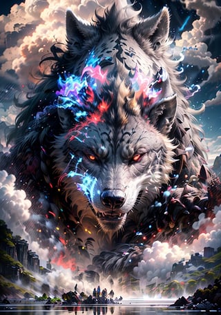 Hyperrealistic art, (a mixed huge creature of 
hyena and wolf), (gray-black color:1.75), nordic_style, outdoors, standing-pose, glowing red eyes, claws, sky, open mouth, teeth, (only one head face and mouth), day, (no_humans), scenery, smoke, mountain, 
cinematic lighting, strong contrast, high level of detail, best quality, masterpiece, extremely high-resolution details, photographic, realism pushed to extreme, fine texture, incredibly lifelike, cloud, winds, sea, ((by Kekai Kotaki:1.5)), sketch, BJ_Sacred_beast