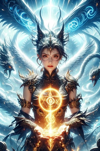 (Seraph),runes magic_circle,Black and white entanglement,crystal and gold entanglement,openmouth,spit big light,fantasy