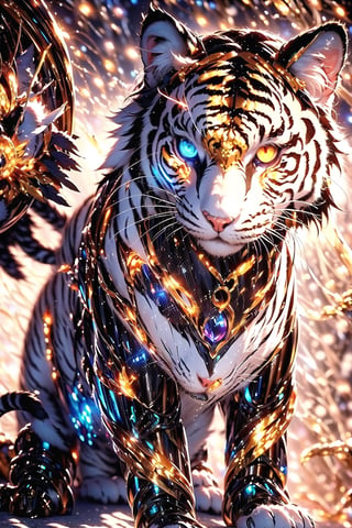 (mecha tiger,robot cat),(black and white entanglement),(crystal and silver entanglement),Masterpiece, beautiful details, perfect focus, uniform 8K wallpaper, high resolution, exquisite texture in every detail, ((background Blur: 2)),  accessories like leaf-shaped earrings and flower crowns.  break pastel,perfect light
,glowing eye,cat