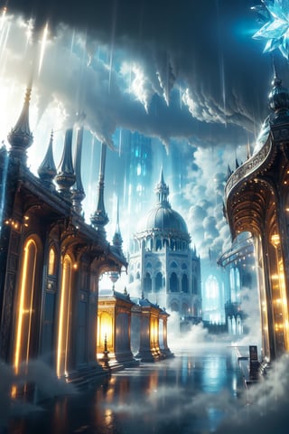 illuminated Palace shuttles through the fog, street , blue light, (dense fog:1.6) ,crystal and silver entanglement,black and blue entanglement