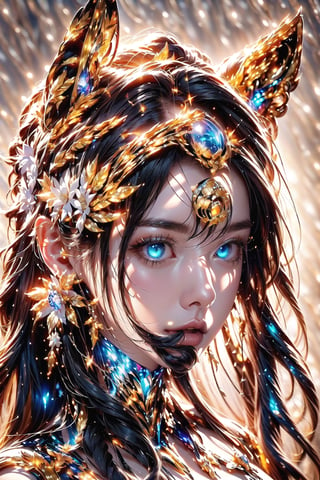 (mecha tiger,metal body,gold head),(black and white entanglement),(crystal and silver entanglement),Masterpiece, beautiful details, perfect focus, uniform 8K wallpaper, high resolution, exquisite texture in every detail, ((background Blur: 2)),  accessories like leaf-shaped earrings and flower crowns.  break pastel,perfect light
,glowing eye,cat